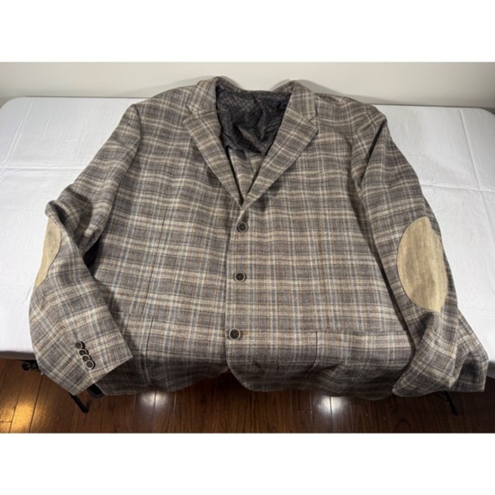 Joseph Abboud Black Label Wool Silk Linen Plaid Blazer Elbow Patches 50L Brown